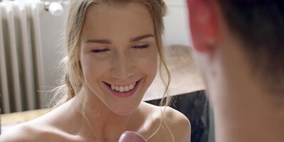 Angelic blonde is sliding her delicious pussy on the hard tool