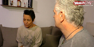 Short-haired mature woman sucks neighbor's dick and rides it