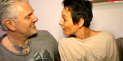 Short-haired mature woman sucks neighbor's dick and rides it