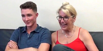 Busty mature woman is fucked by young chum at casting couch