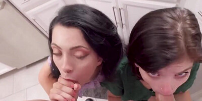 Two slutty chicks are sucking some hard schlongs in 4some