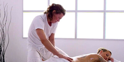 Oiled up cougar Isabelle Deltore takes a big cock on the massage table