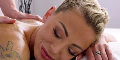 Oiled up cougar Isabelle Deltore takes a big cock on the massage table