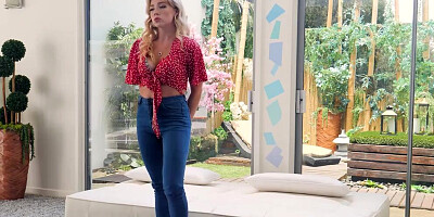 Blonde beauty Stella teases a cameraman and sucks his hard cock