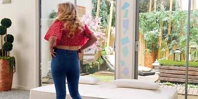 Blonde beauty Stella teases a cameraman and sucks his hard cock