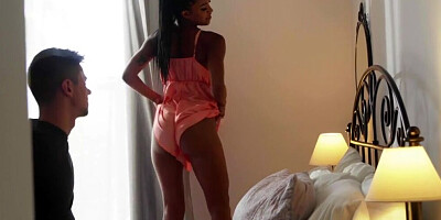 Gorgeous ebony doll Tina Fire sucks white cock and gets shagges