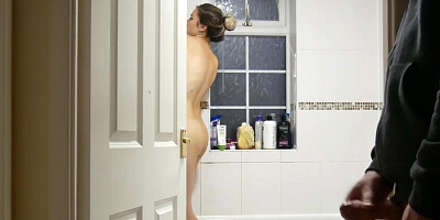 Kinky dude is jerking off while watching stepsister in the bathroom