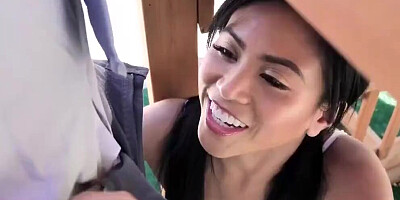Foxy chick Ember Snow sucks a big black cock and gets shagged