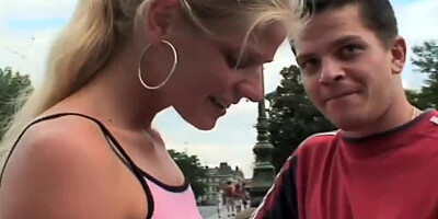 Blonde blows a guy outside and rides his hard cock