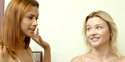 Two sexy Euro girls are teasing their young buddy by having lesbian oral sex