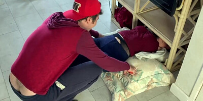 Stepmom gets stuck and has sex with her stepson