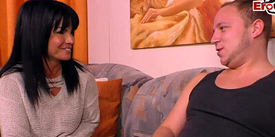 Brunette MILF spreads legs wide open to take stepson's hard cock
