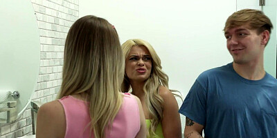 Two smoking hot teens are sharing dude's cock in a 3some