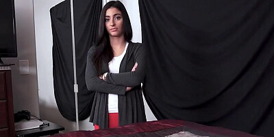 Pretty brunette sucks a dick and gets fucked in trimmed pussy