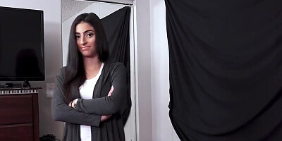 Pretty brunette sucks a dick and gets fucked in trimmed pussy