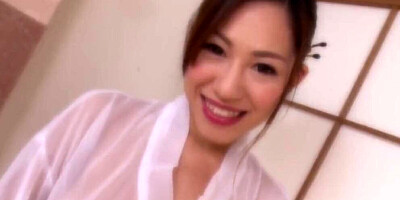 Asian MILF joins her stepson in the bath and sucks his cock