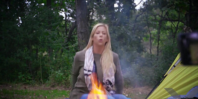 Blonde MILF and a horny guy are having sex at the picnic
