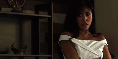 Ember Snow is sucking and riding horny bloke's cock on the couch