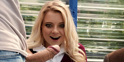 Schoolgirl Riley Star and big JMac fuck on the bus stop