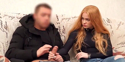 Red-haired girl pays the debt by sex on the couch