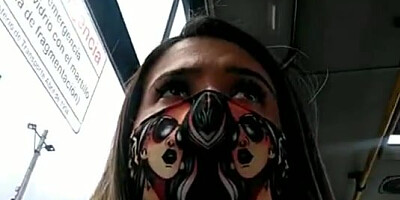 Teeny with medical mask flashes nude body in the bus