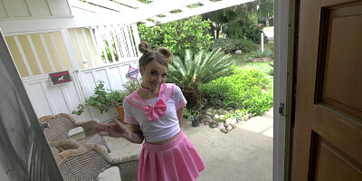 Total cutie in a pink pleated skirt is here for a facial