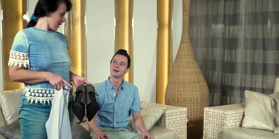 Slutty mature woman rubs her clit while being fucked on the floor