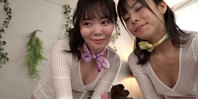 Two Asian dolls are sharing their college mate's prick in a 3some