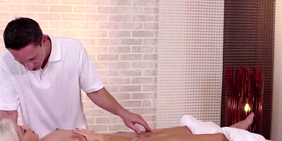 Handsome masseur follows his relaxing body rubbing treatment with gentle pussy shafting