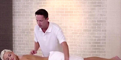 Handsome masseur follows his relaxing body rubbing treatment with gentle pussy shafting