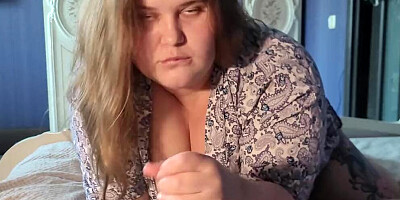 Titsy young milf in a short robe sucks my hairy balls and swollen cock until I cum on her face
