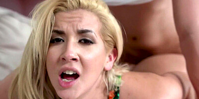 Blonde MILF stepmom blackmailing her stepson to pussy fuck her or she'll divorce his dad