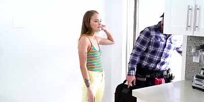 Slutty chick rides a plumber while he is trying to work