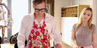 Tiny blonde sweetheart lets nerdy stepbro bang her twat as much as he wants