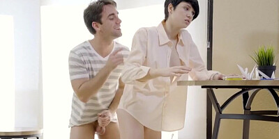 Short-haired sweetheart rolls on the bed with her horny stepbrother