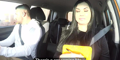 Busty British harlot Jasmine Jae takes part in a fake driving school episode