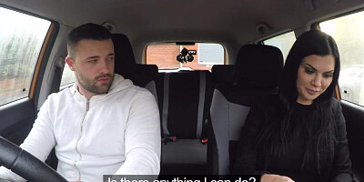 Busty British harlot Jasmine Jae takes part in a fake driving school episode