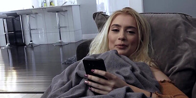 Blonde Anastasia Knight flirts with the camera while sucking dick