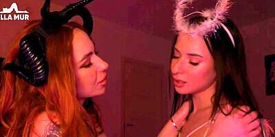 ASMR Deep french kissing with spit by Demon and Angel girls