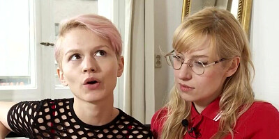 Two flashy lesbians are being interviewed and involved in a hot action