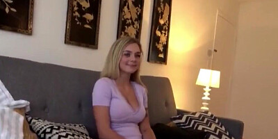 Horny lad squeezes busty blonde's tits and fucks her good