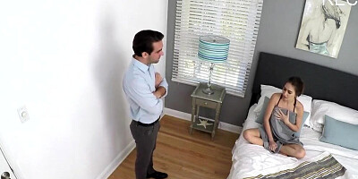 Petite girl Riley Reid is stretched with stepdad's thick pecker