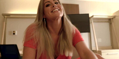 Blonde mommy with big boobs is playing sex games with her stepson on a vacation