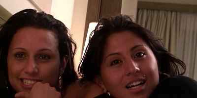 Two naughty brunettes are fucked by one guy in FFM threesome