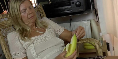Mature woman drills cunt with banana and gets a real cock