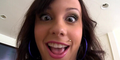Brunette babe with monroe piercing gives brutal guy footjob
