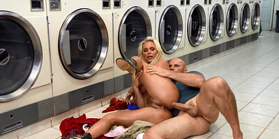 Naughty blonde MILF analyzed by bald stranger in public laundry