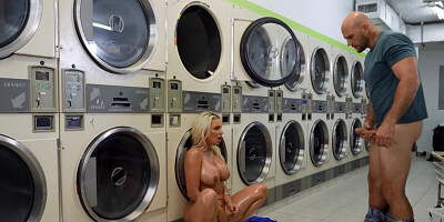 Naughty blonde MILF analyzed by bald stranger in public laundry