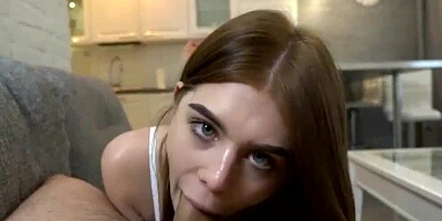 Chick blows a cock and pulls thong aside to receive it