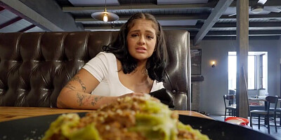 Pretty Latina's face is slapped with a big cock during blowjob